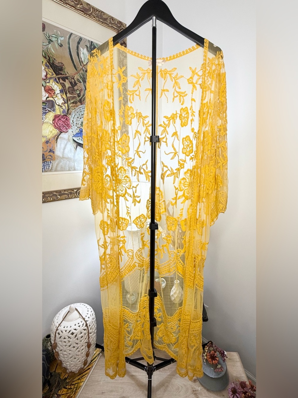 Altar’d State S/M Mustard Yellow Embroidered Lace Kimono Duster Boho Floral